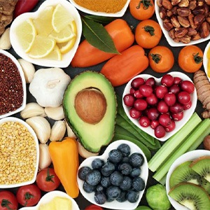 Assortment of colorful, nutritious food viewed from above