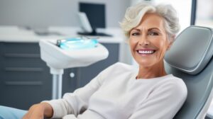 Dental patient smiling after successful denture reline